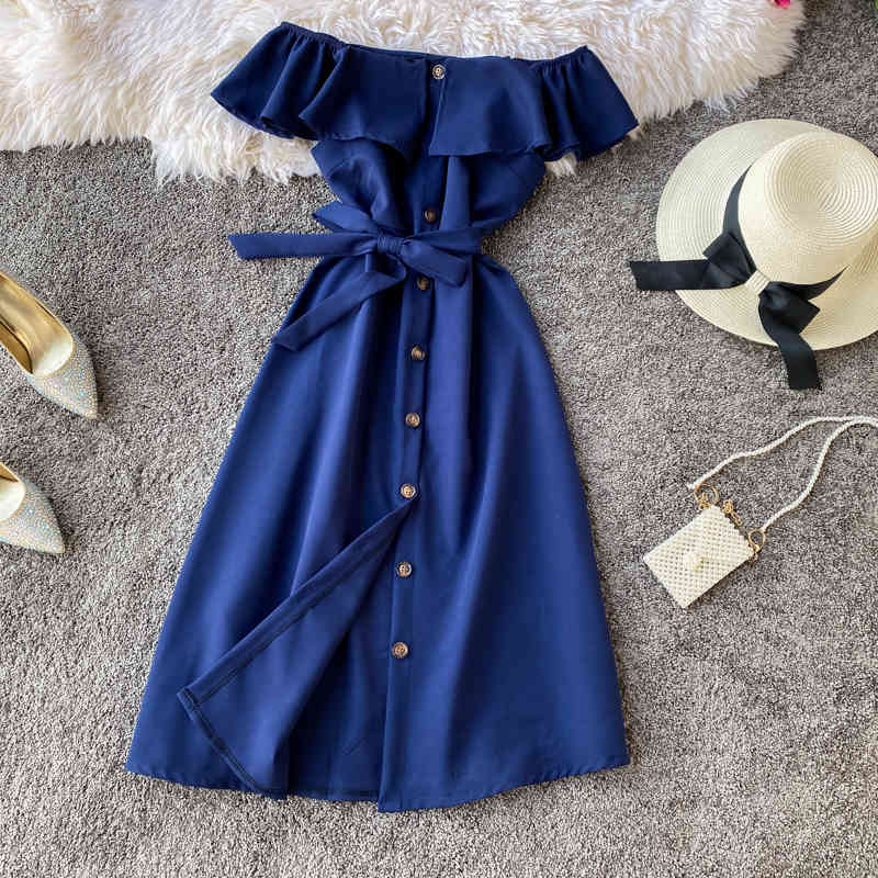 Women Beach A-line Elegant Dress Vintage Slim Button Ruffles Bandage Midi Summer Party Vestido De Festa Sexy Off Shoulder 210521
