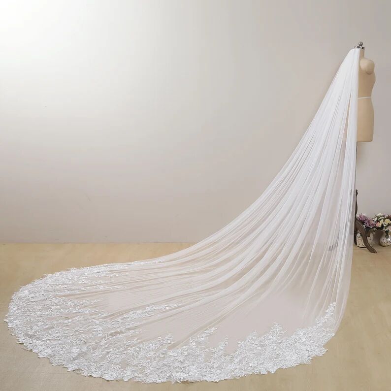 Unique Wedding Veils Custom Made Lace Gorgeous Long Bridal Veil 2022 One Layer 3 Metre Length