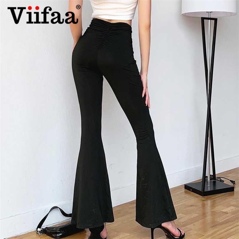 Viifaa Black Solid High Waist Skinny Flare Pant Ruched Back Slim Fit Femme Spring Stretchy Trousers 211124Z