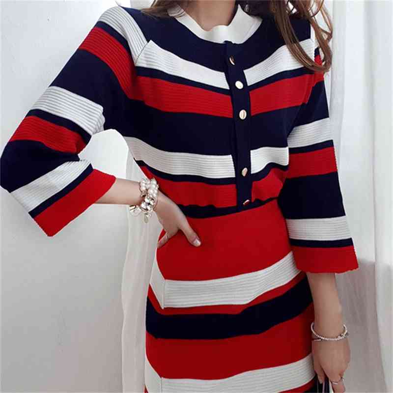 Knitted Striped 3 Pieces Set Women Single-Breasted Cardigan + Short Sleeve Pullover Tops Bodycon Skirt Suit Women's Sets 210519
