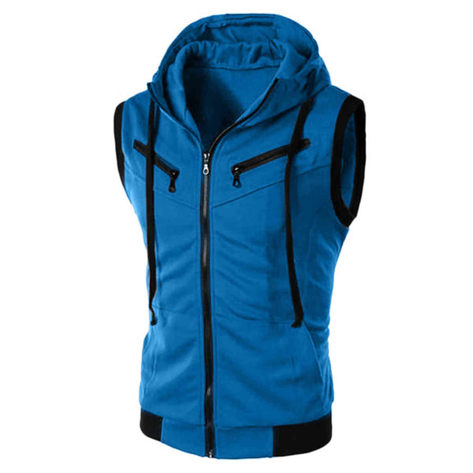LUCLESAM Men Sleeveless Slim Fit Hoodie Vest Zipper Drawstring Gilet Jacket with Pockets veste sans manche chalecos para hombre 211111