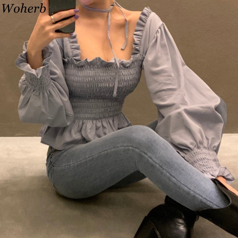 Square Collar Blouse Women Ruffle Pleated Blusas Elastic Waist Lace-up Fashion Blouses Elegant Lantern Sleeve Crop Tops 210519
