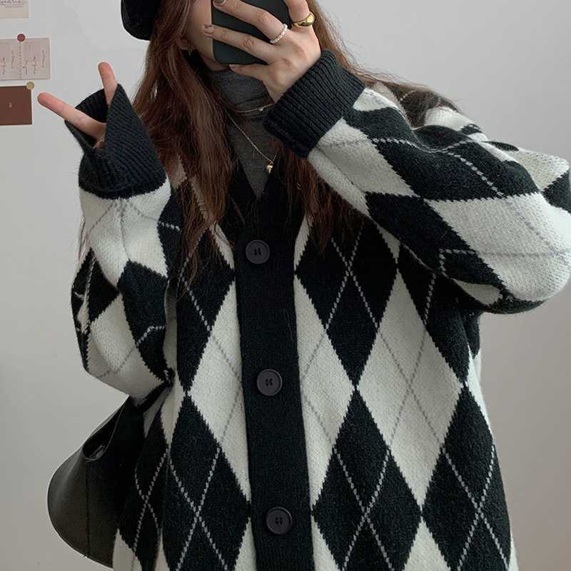 Korean Oversize Cardigan Tops Women Knitted Sweater Argyle Cardigan Loose Single Breasted Students V-neck Lovely Knitwear 17068 211014