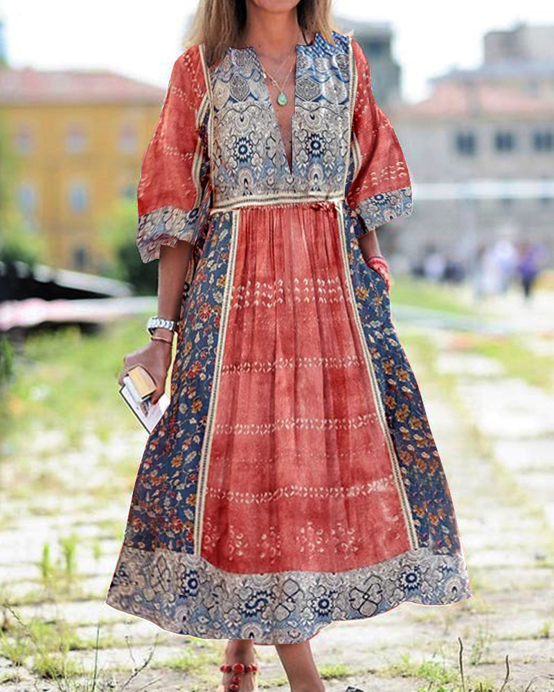 Women Dress Digital Printing Bohemia Sexy Long Print Floral Maxi es Deep V Neck Lace Up Ladies es 210513