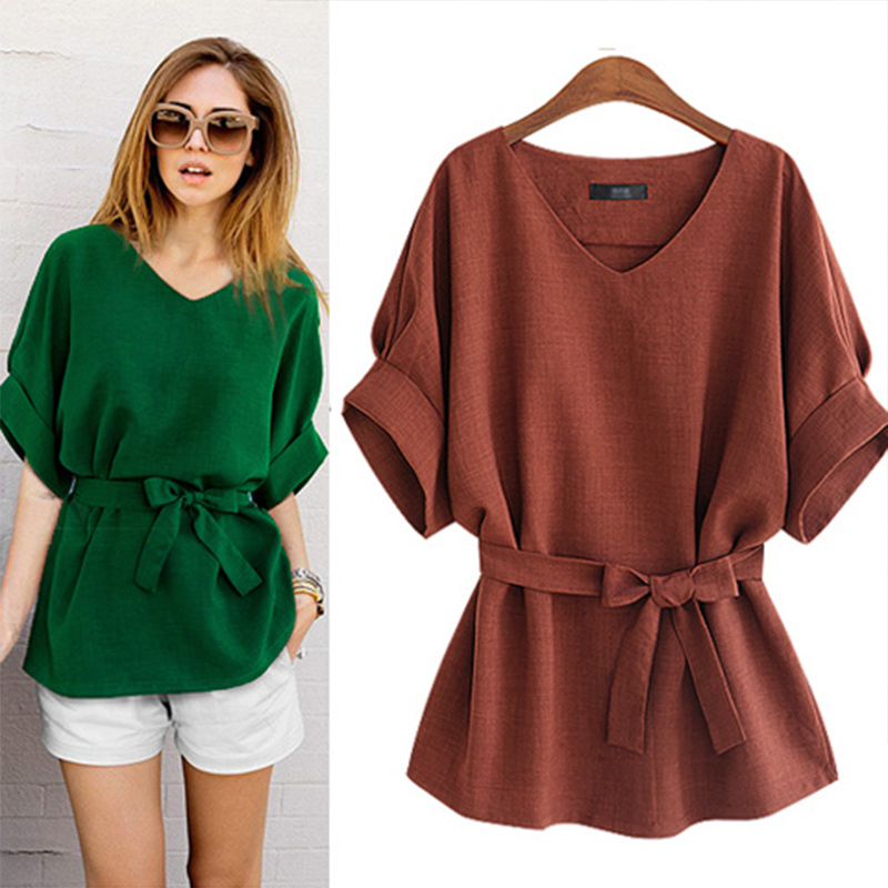 Women Spring Summer Style Blouses Shirt Lady Casual Short Sleeve V-Neck Solid With Leather Belt Women's Loose Tops DF3528 210317