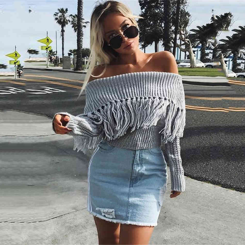 Free Fashion Fringed Sweater Women Strapless Long Sleeve Skinny Solid Color Club Party Sexy Halter Top 210524