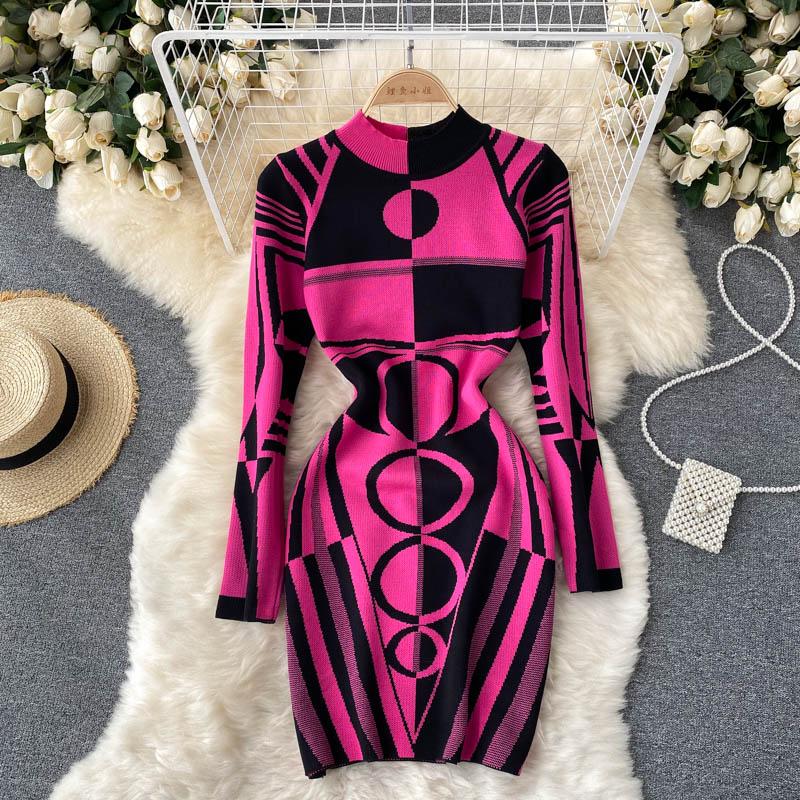 Casual Dresses SINGREINY Women Design Print Knitted Dress Long Sleeve O Neck Elastic Slim Pencil Autumn Winter Sexy Bodycon Sweater B1