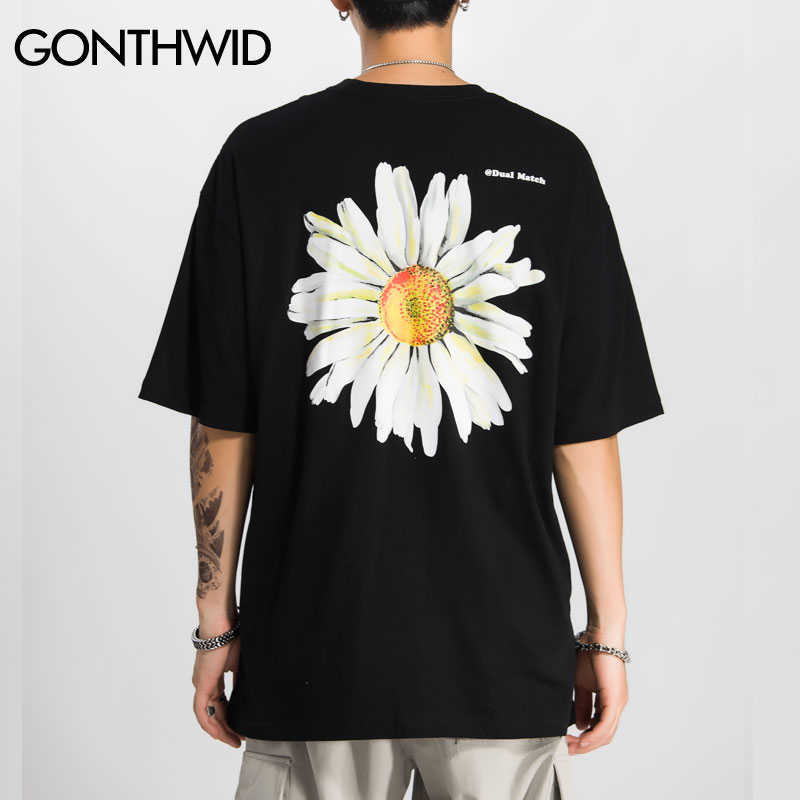 GONTHWID Harajuku Daisy Flower Print Tshirts Casual Streetwear Short Sleeve Tops Tees Men Hip Hop Fashion Summer T Shirts Male 210623