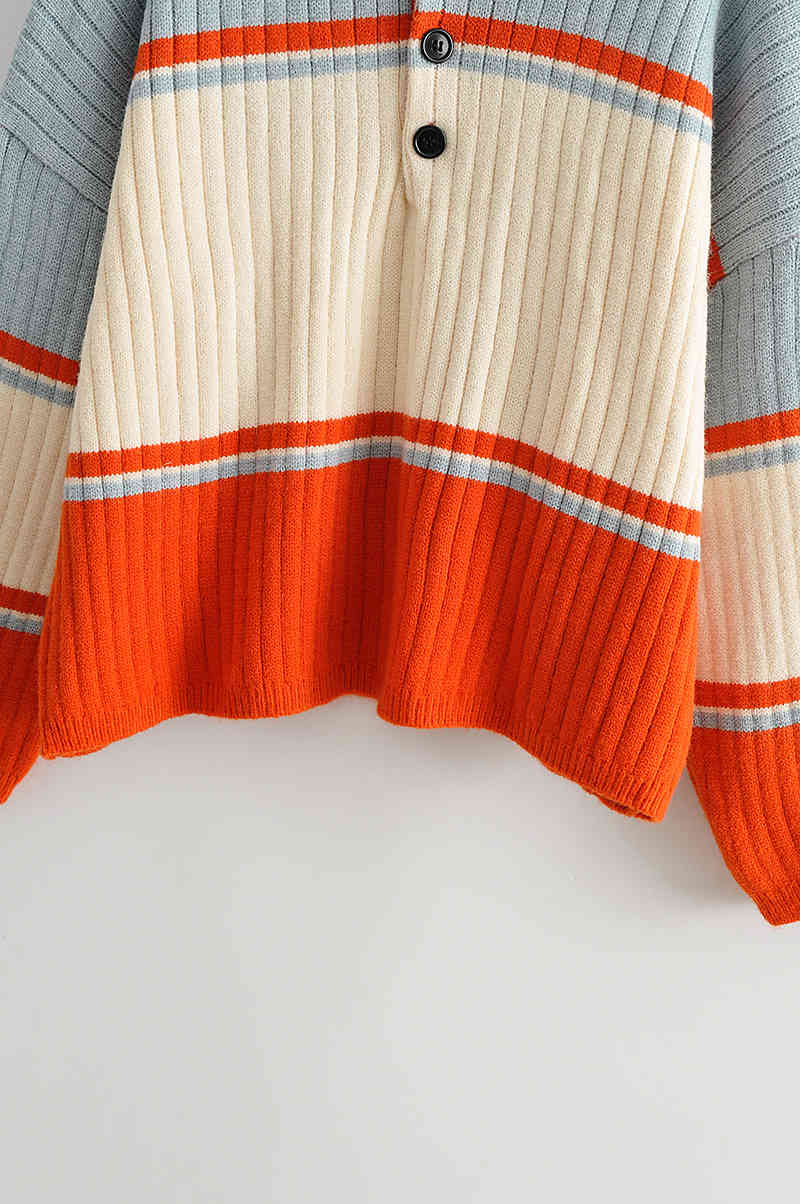 autumn winter chic Vintage Polo collar knitted cardigan women pullover loose shoulder sleeve striped sweater jacket top 210508