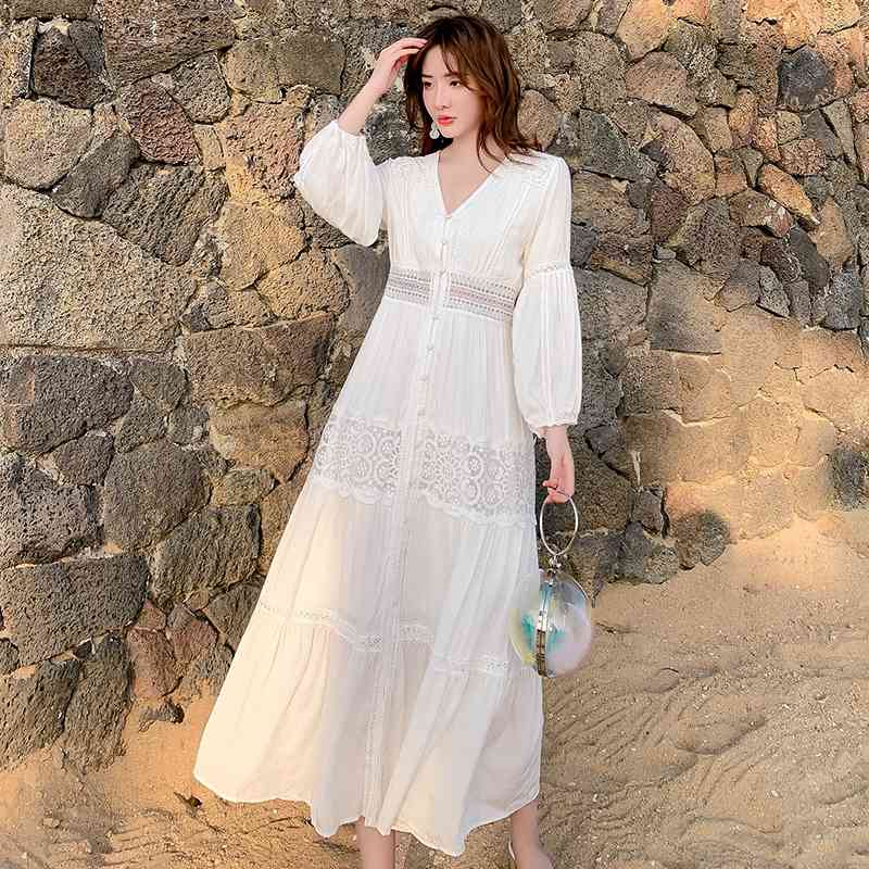 Arrival Summer Boho Women Maxi Dress White Lace Long Tunic Beach Vacation Holiday Clothes 210520