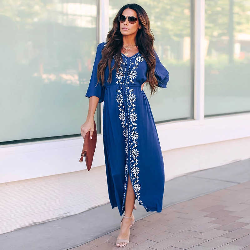 Embroidery V-neck Drawstring Tunic Beachwear Ankle-length Robe Summer Loose Slim Fit Swimming Suit Cover Ups for Women 210604