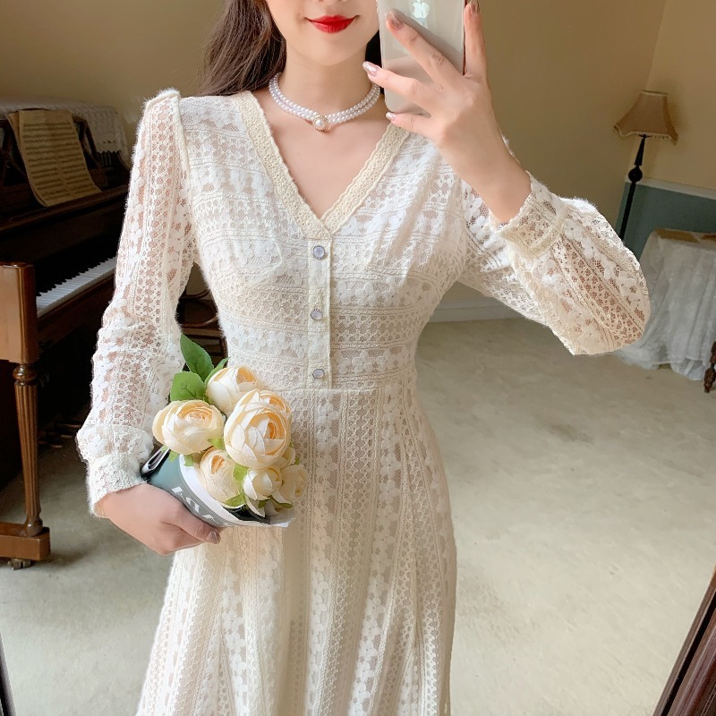 French Fairy Elegant Dress Women Casual Dress Korean Long Sleeve V-neck Evening Party Vintage Dress Female Autumn 210521