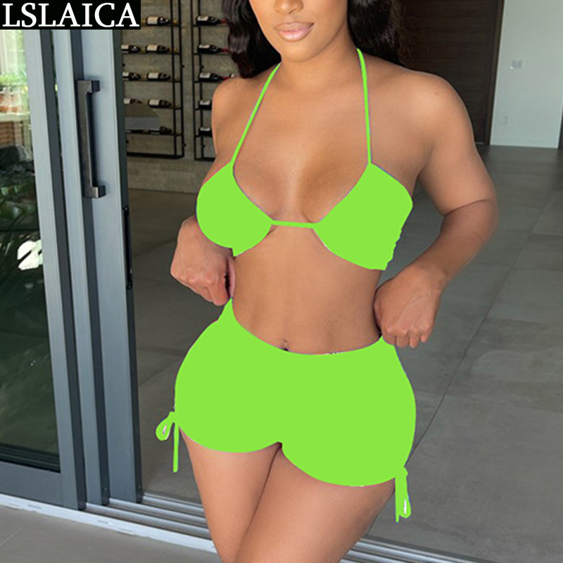 Women's Swimsuit Solid Color Strapless Tops&short Pants Summer Sexy Clubwear Night Swimwear Suit 210520