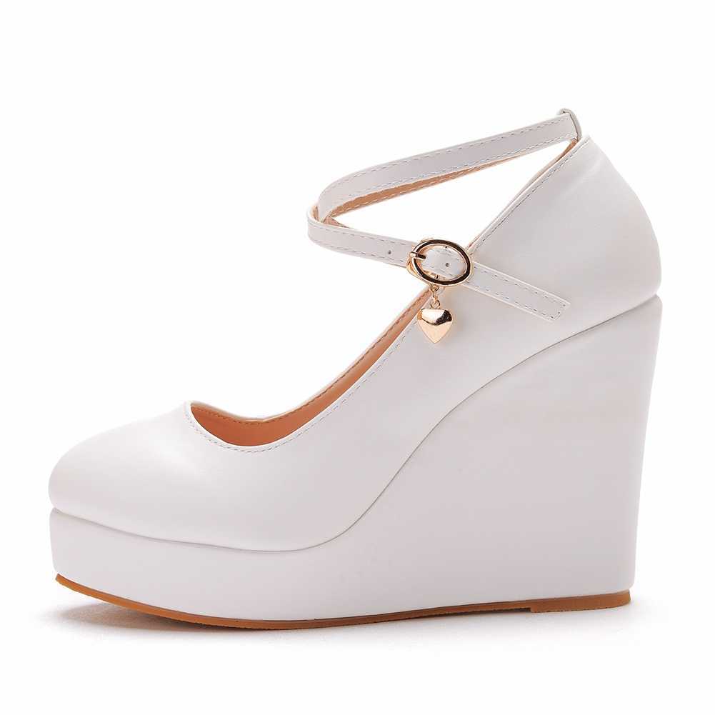 Crystal Queen White Platform Wedges Pumps Women High Heels Shoes Round Toe Cross Ankle-Strap Large Sizes 210910