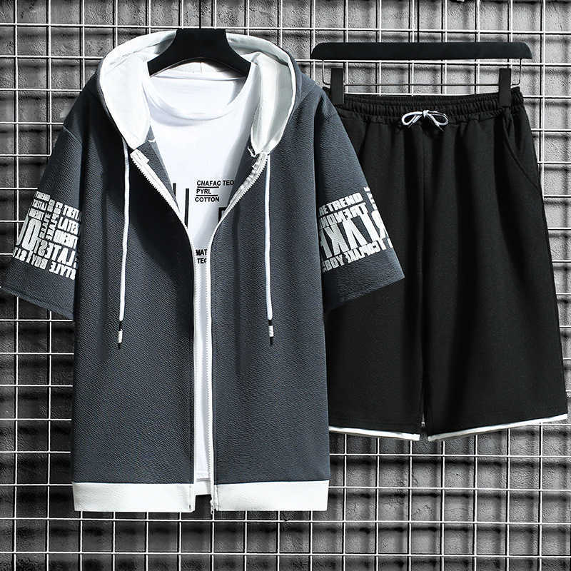 Fashion Men's Sets Hooded Summer Casual Sportswear Men Short Sleeve Zipper Tops+shorts 2 Piece Hip Hop Streetwear Male Tracksuit 210603
