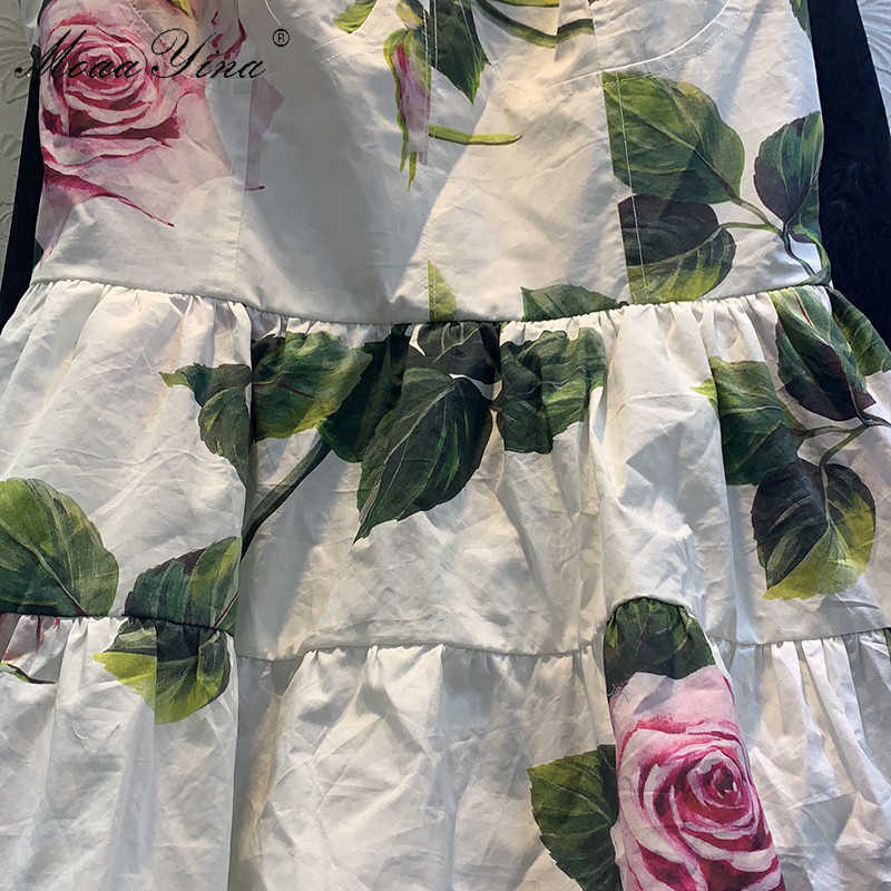 Fashion Cotton dress Summer Women's Dress Spaghetti strap Backless Floral Print White Cascading Ruffle Dresses 210524