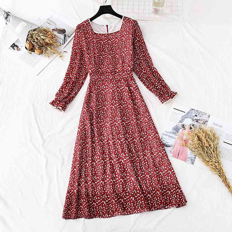 Chiffon Dress Women Spring Vintage Korean Fashion Floral Long Sleeve Dress Casual High Waist Ruffled Long Dress Vestidos 210521