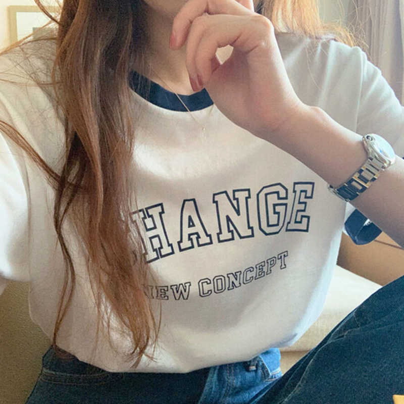 Korejpaa Women T-Shirt Summer Korean Chic Casual Hit Color Wrap Round Neck Letter Printing Loose Short-Sleeved Pullovers 210526
