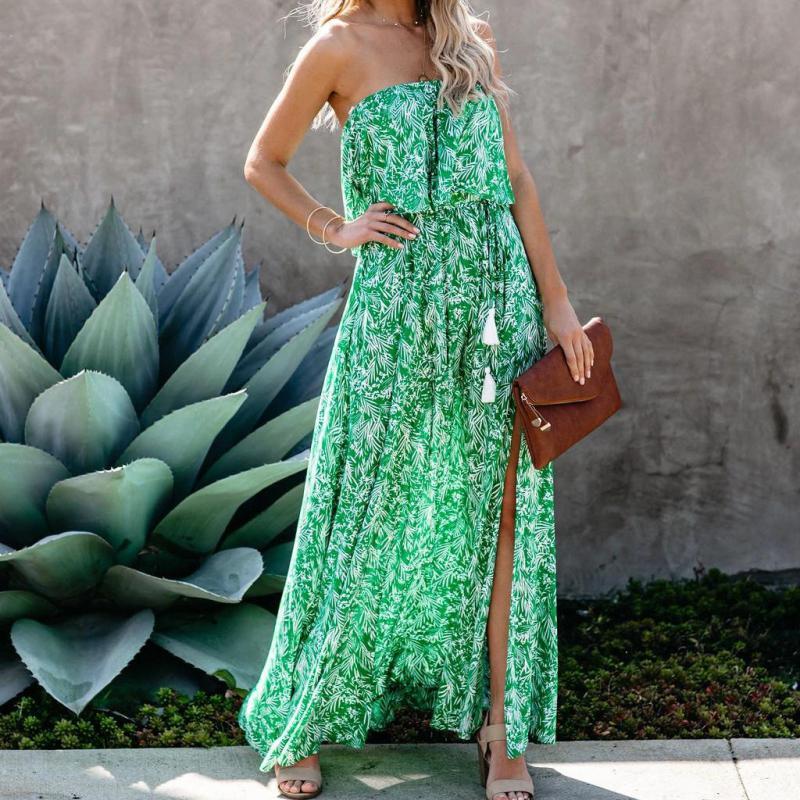 Women Dress Strapless Printed Bohemia es Sexy Long Print Floral Maxi Ruffle Split Plus Size Summer es 210513