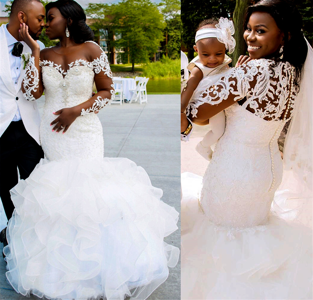 2021 Plus Size Arabic Aso Ebi Luxurious Lace Crystals Wedding Gowns Sheer Neck Mermaid Long Sleeves Bridal Dresses ZJ474