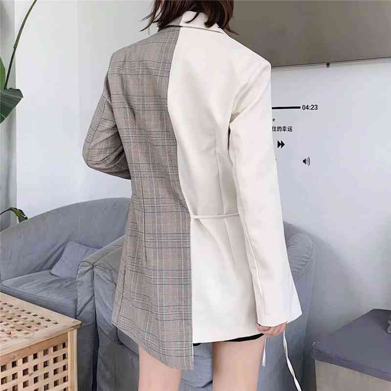 Elegant Women Plaid Patchwork Blazers Fashion Ladies Cross Drawsting Coats Streetwear Female Chic Asymmetric Jackets 210527