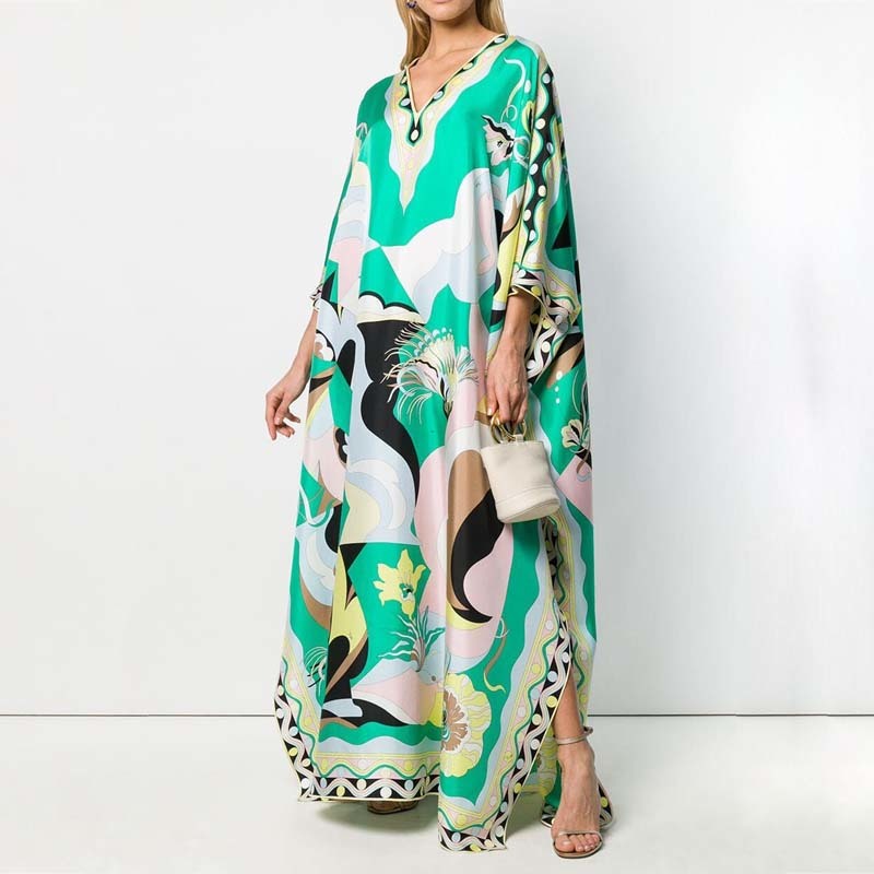 VKBN Summer Dress Women Green Pink Purple Printing Batwing Sleeves V-Neck Plus Size Women Party Dress High Quality 210507