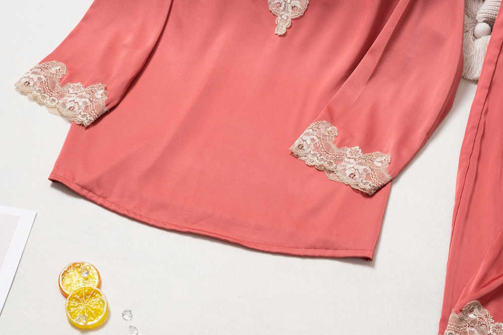 Lisacmvpnel Hollow Out Lace Sexy Ice Silk Pyjamas Women Long Sleeve Suit Pajamas 211007