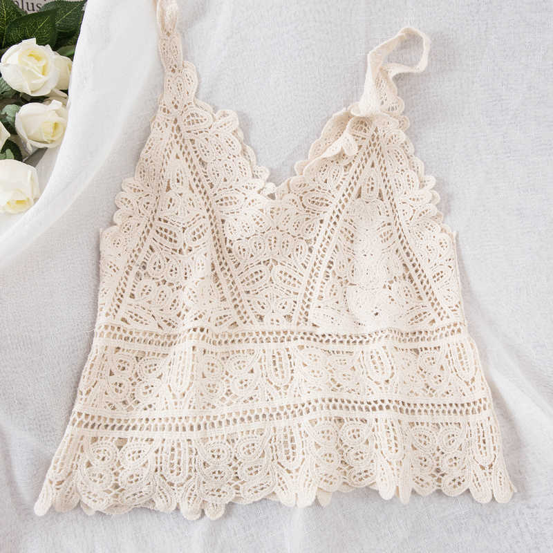 Summer Sweet Short Style Lace Vest crop top Women Hollow Out Fashion Camis Vacation Beach Knitted LooseTop Womens Sexy Tank Tops 210625