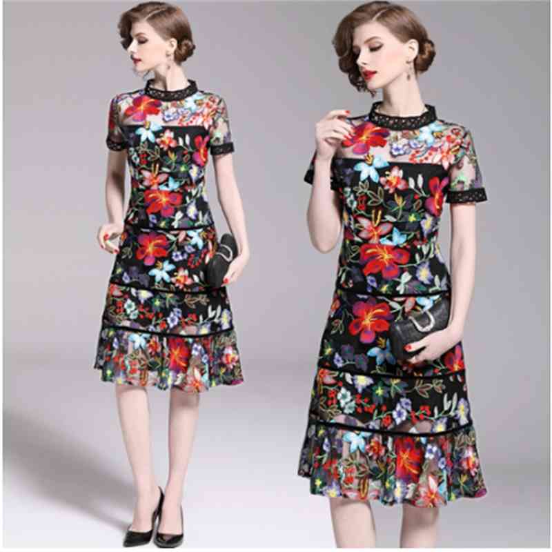 Arrival Bohemian Flower Embroidered Short Sleeve Party Dresses Vintage Mesh Summer For Women Vestido 210520