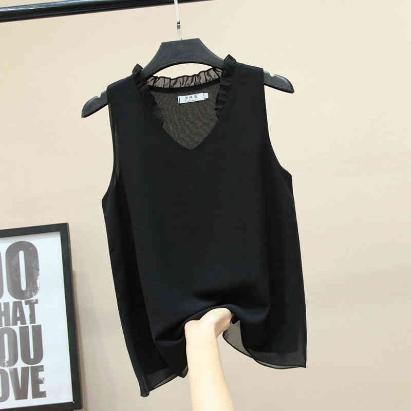 Summer Sexy Ruffle V-neck Chiffon Blouse Women Casual Solid Sleeveless Shirt Lady Plus Size Blusas Modis Tops 210519