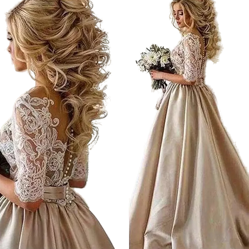 Boho Champagne A-Line Wedding Dress Sexy Illusion Jewel Neck robe de mariee vestido novia Court Train Satin Bridal Gowns Half Sleeves Beach Vestidos B