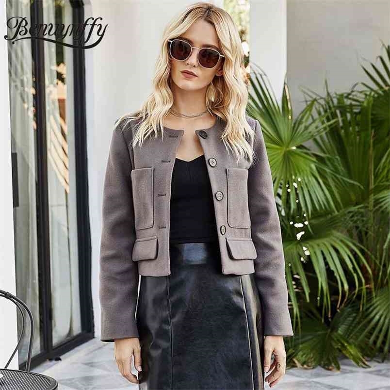 Crew Neck Pocket Front Short Jacket Coat Women Autumn Winter Vintage Long Sleeve Button Up Outwear Female 210510