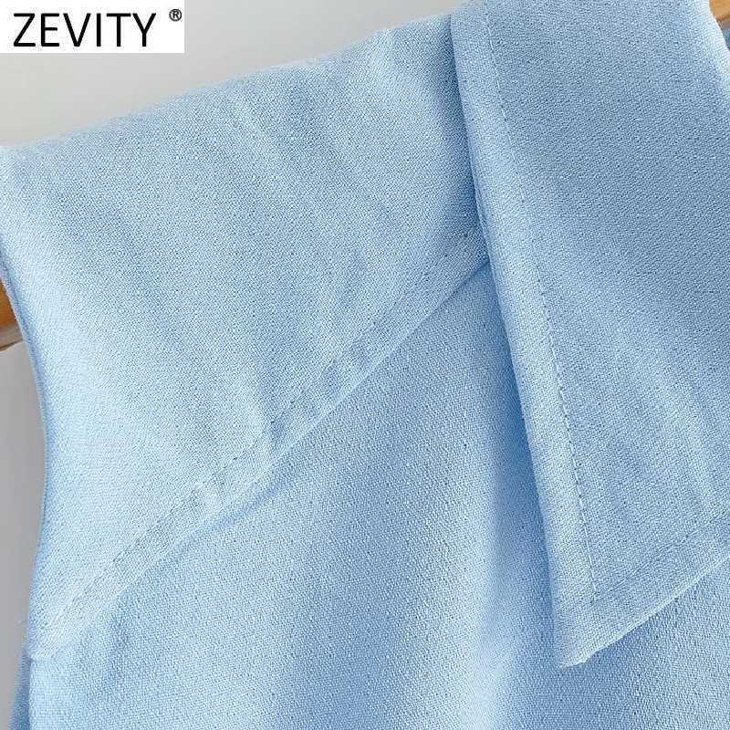 Zevity Women Simply Breasted Solid Color Sleeveless Vest Shirt Office Ladies Pocket Blouse Roupas Chic Chemise Tops LS9278 210603
