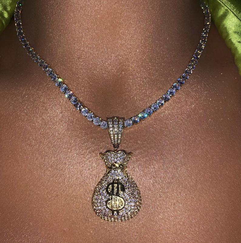 Full Micro Paved Cubic Zirconia CZ Iced Out Dollar Money Bag Pendant Hip Hop Women Necklace With Tennis Box Chain