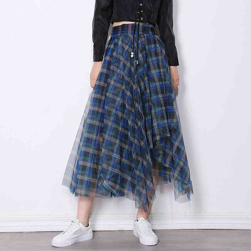Elegant Plaid Skirt For Women High Waist Midi Hit Color Patchwork Skirts Females Fashion Summer Clothing Style 210521