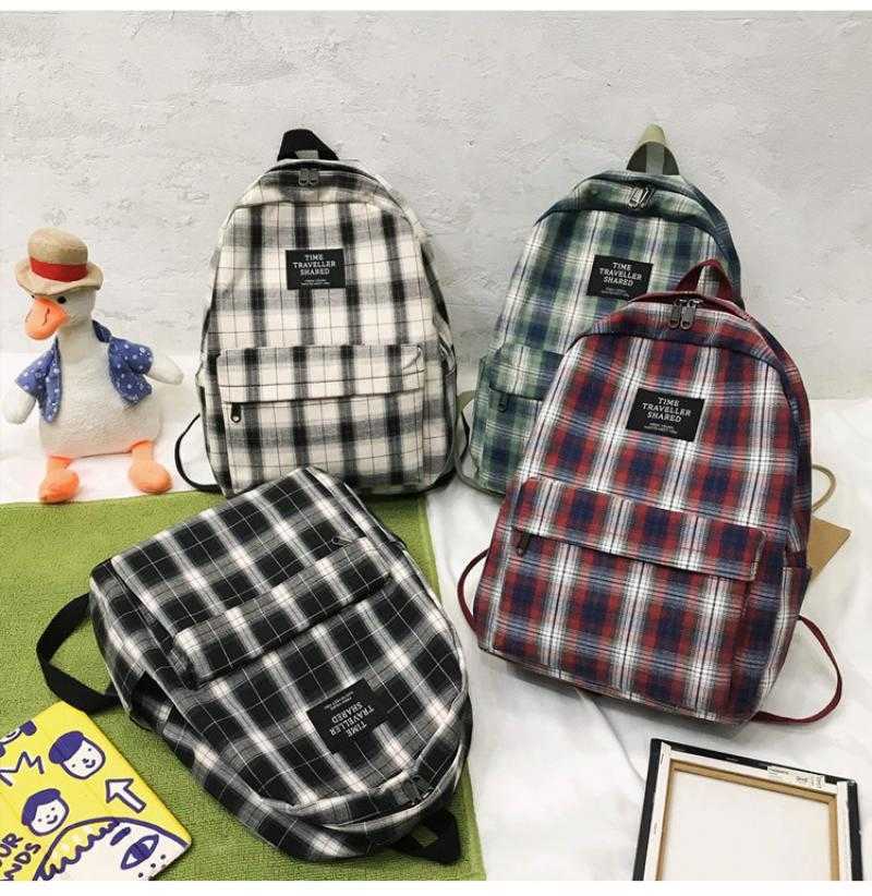 Students Backpack Women Plaid Pattern School Bag Canvas Softback Campus Style Rucksack Travel Bagpack Female Backpacks Ladies 210929