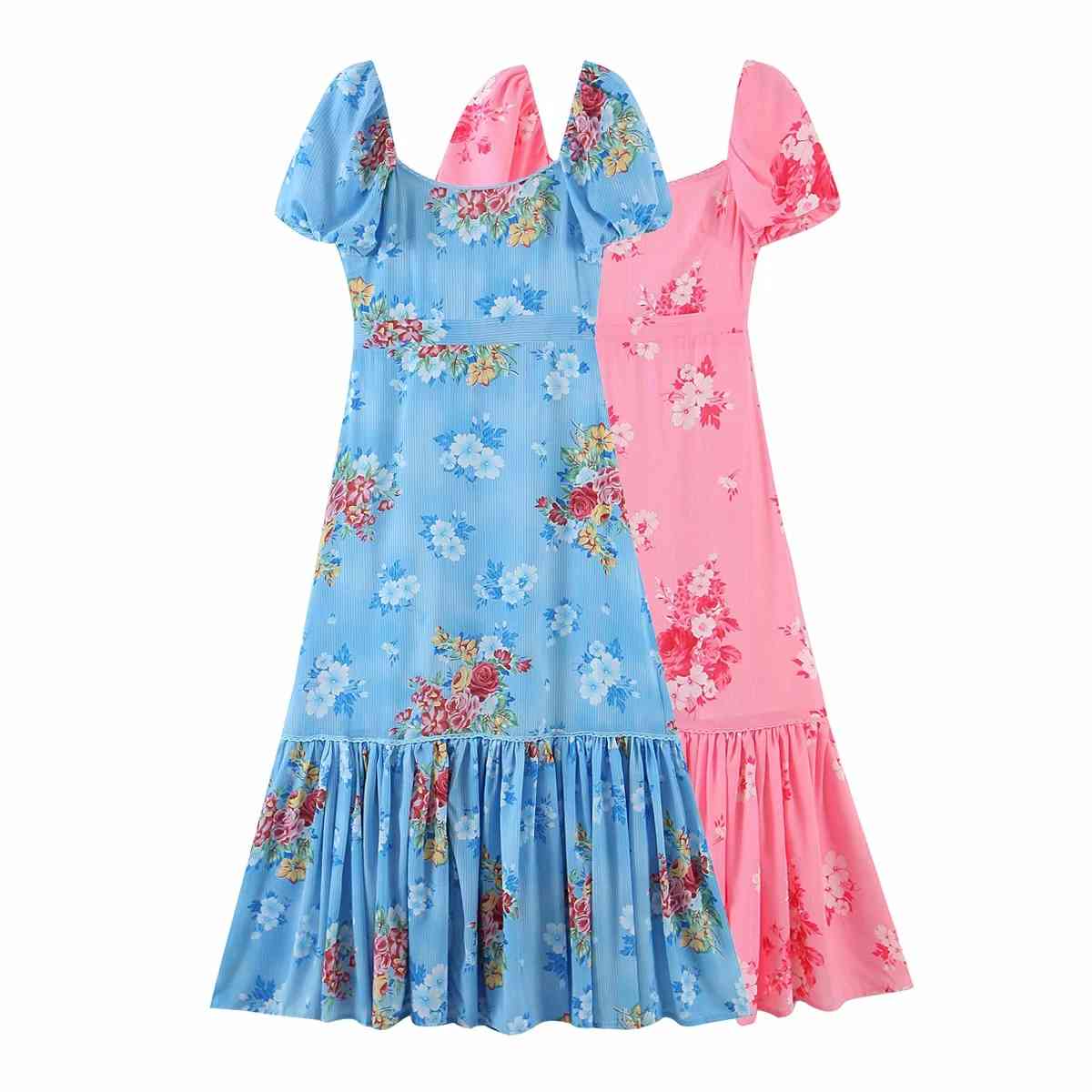 Square Collar Chinese Floral Print Pink Maxi Chiffon Dress for Women Summer Boho Beach Holiday Blue Long 210427