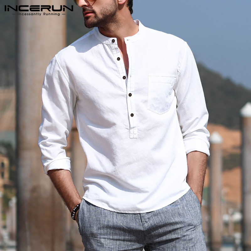 

INCERUN Mens Casual Shirt Cotton Solid Color Long Sleeve Blouse Chic Stand Collar Fashion Handsome Tops 2021 Streetwear Camisas, White