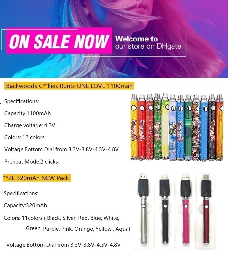 Backwoods Preheat VV Battery 320mAh 1100mAh 3.3V-4.8V Bottom Dial spinner USB Charger Vape Pen 12 Colors ONE LOVE for 510 Oil Vaporizer cartridges
Backwoods Preheat VV Battery 320mAh 1100mAh 3.3V-4.8V Bottom Dial spinner USB Charger Vape Pen 12 Colors ONE LOVE for 510 Oil Vaporizer cartridges