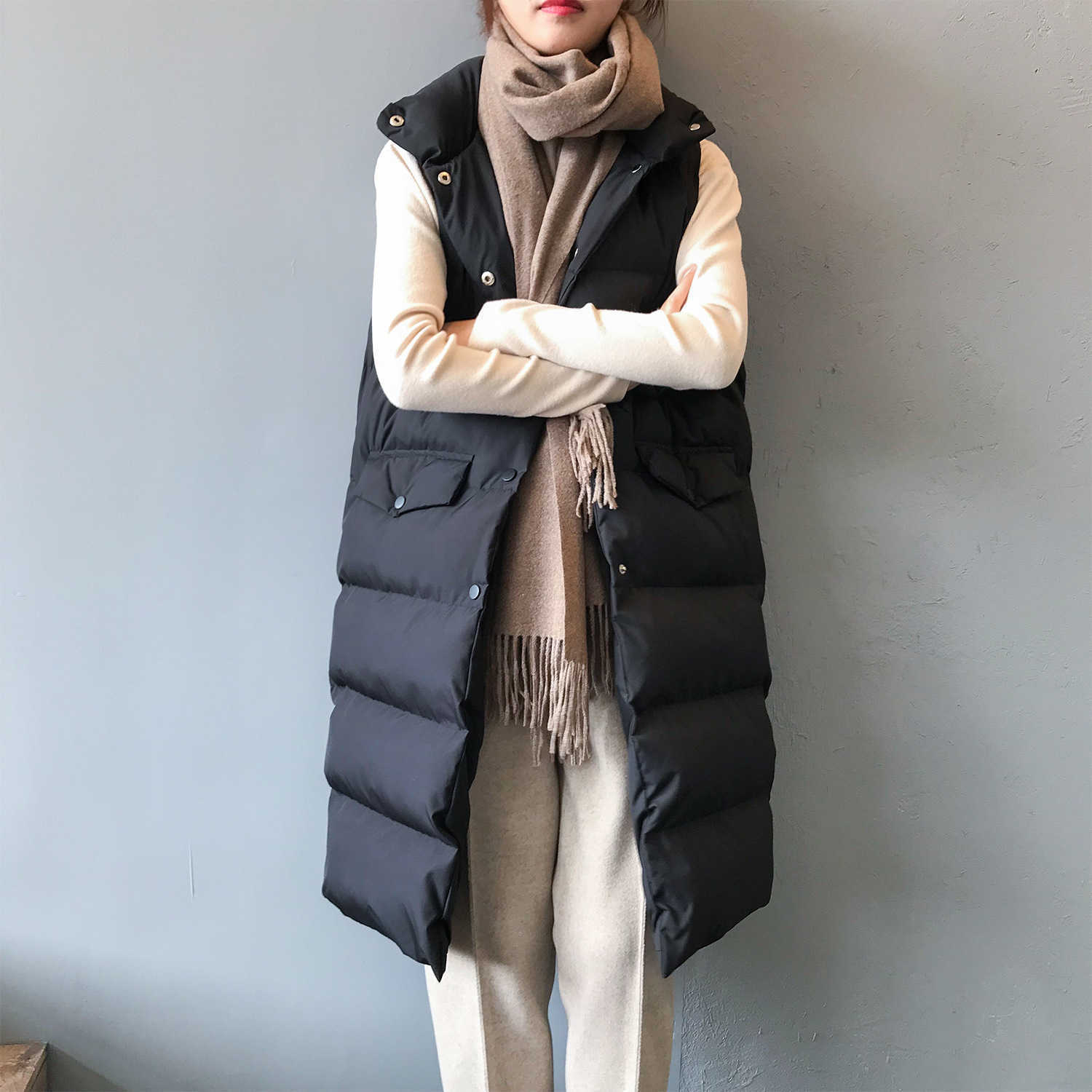 Women Winter Vest Coat Stand Collar Long Warm Tops Chaleco Mujer Gilet Casaco Feminino 210915
