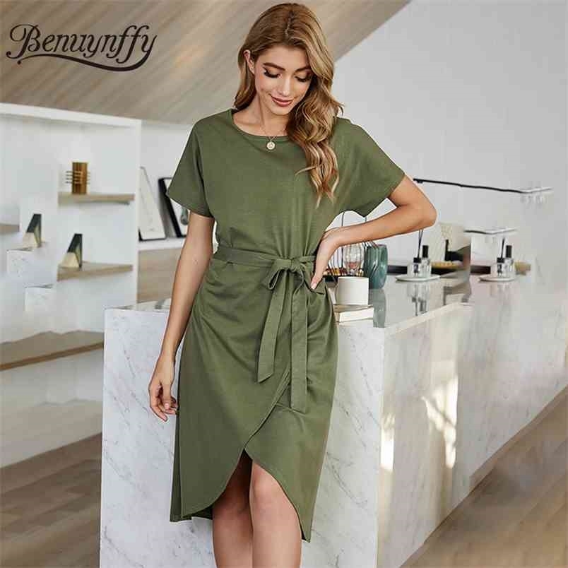 O-Neck Short Sleeved Asymmetrical Midi Dresses Women Summer Casual High Waist Female Solid Dress with Belt 210510