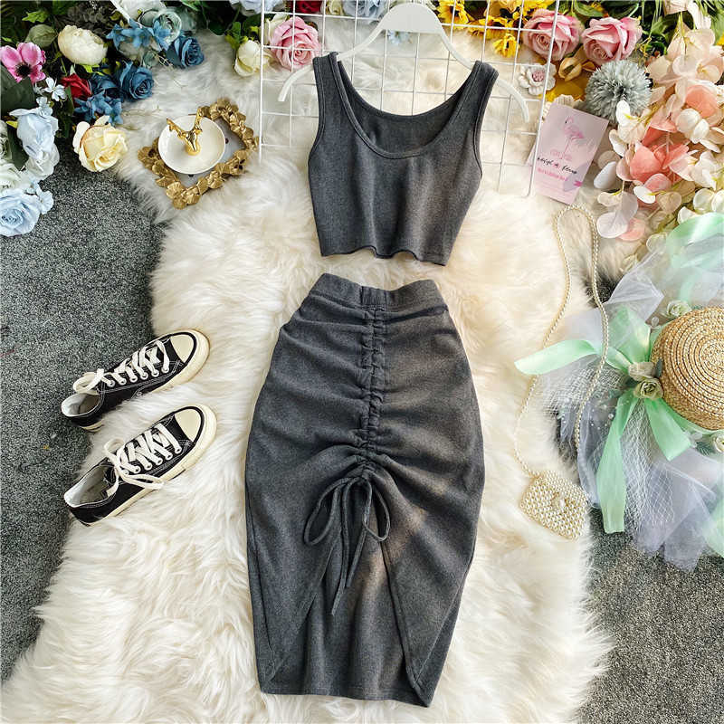 Summer Women 2pcs Set Black/Red Vintage Round Neck Knitted Short Tops + Drawstring Bodycon Skirt Female Two Piece Set 210708