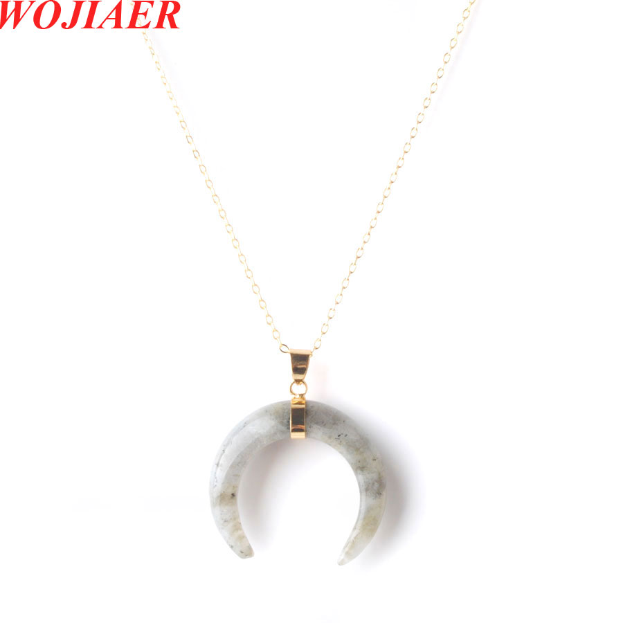 WOJIAER Crescent Moon Pendants & Necklaces Natural Lapis Lazuli Rose Quartz Opalite Stones Gold Color Women Jewelry BO951