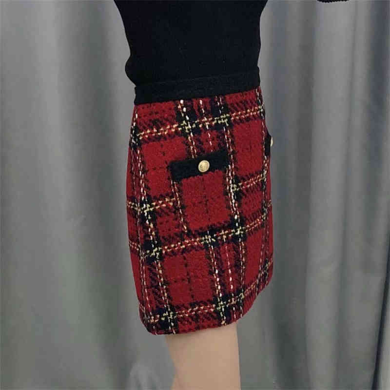 Vintage Women Red Plaid Woolen Skirts Fashion Ladies High Waist Skirt Elegant Female Chic Button Pocket Mini 210430