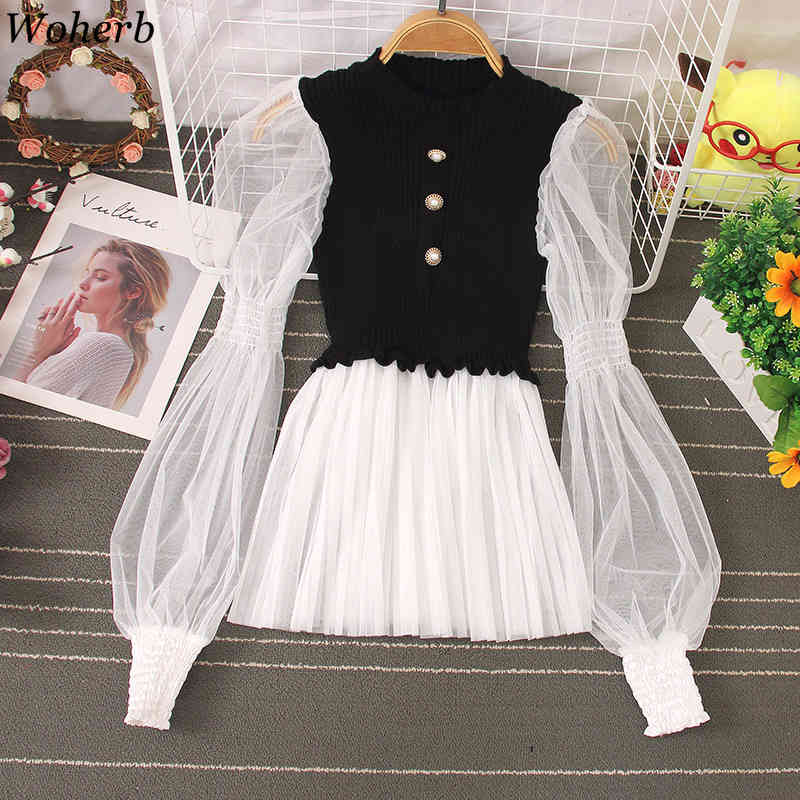 Chic Korean Blouse Women O-neck Pleated Ruffles Shirts Knitted Patchwork Gauze Blouses Lantern Sleeve Sweet Tops 210519