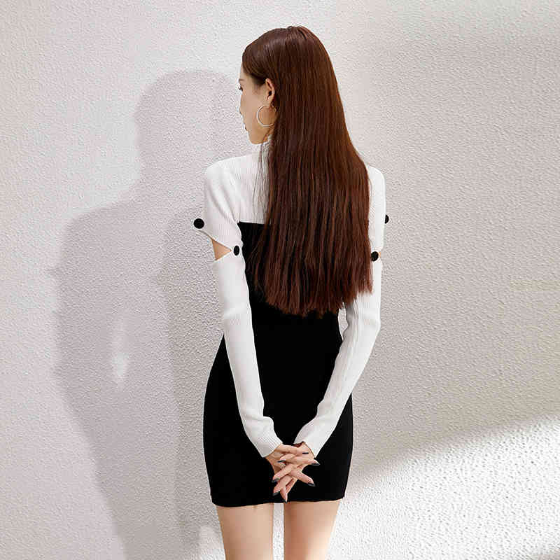 Turtleneck Button Hollow Sexy Patchwork White Black Slim Elegant High Waist Stretch Knit Mini Dress Women Bodycon Vintage Party 210506