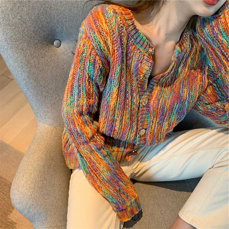 Yedinas Rainbow Sweater Cardigans Casual Chic Colorful Women Cardigan Autumn Winter Button Up Knitted Sweaters Korean Fashion 210527