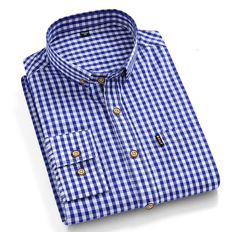 Thin 100% Cotton Plaid Shirts for Men Long Sleeve Regular Fit Checkered Dress shirt Mens Blue Soft Comfortable Male 210714