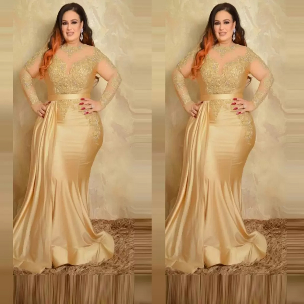 2022 Sexy Plus Size Formal Evening Dresses Elegant With Long Sleeves Gold Lace High Neck Sheath Special Ocn Dress Mother Of The Bride