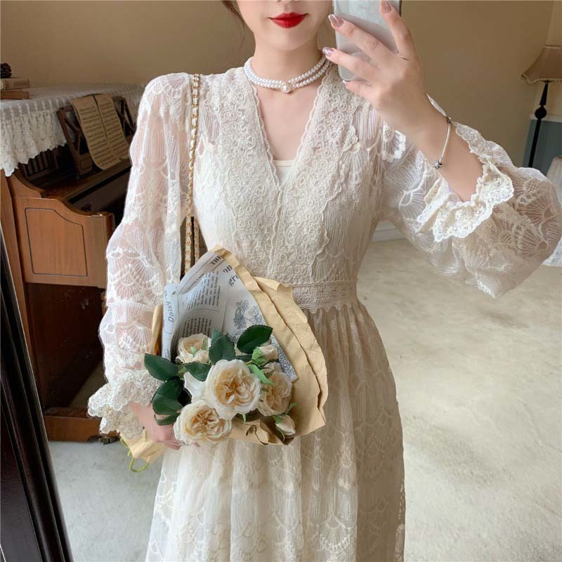 French Vintage Dress Women Casual Long Sleeve Lace Dress Korean Evening Party Retro Elegant Dress Female Autumn 210521